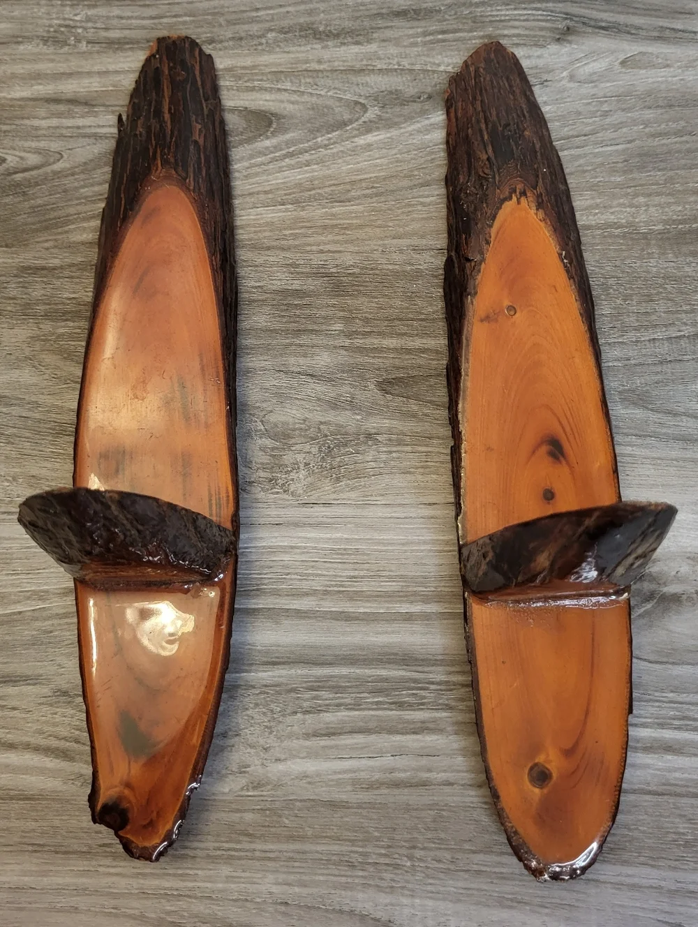 Pair Vintage Handcrafted Live Edge Wood Wall Sconces Lacquer Finish